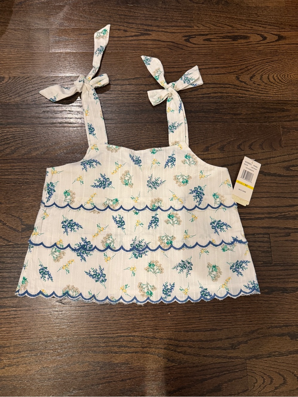 Girls New Size 8 Top Tank Shirt Floral Tie-Shoulder Tank with Blue Scallop Trim